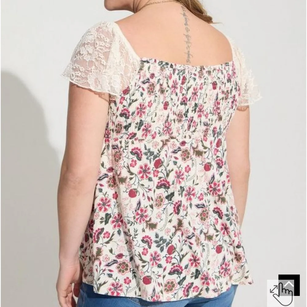 Torrid Cotton Modal Slub Smocked Bodice Lace Flutter Sleeve Babydoll Top